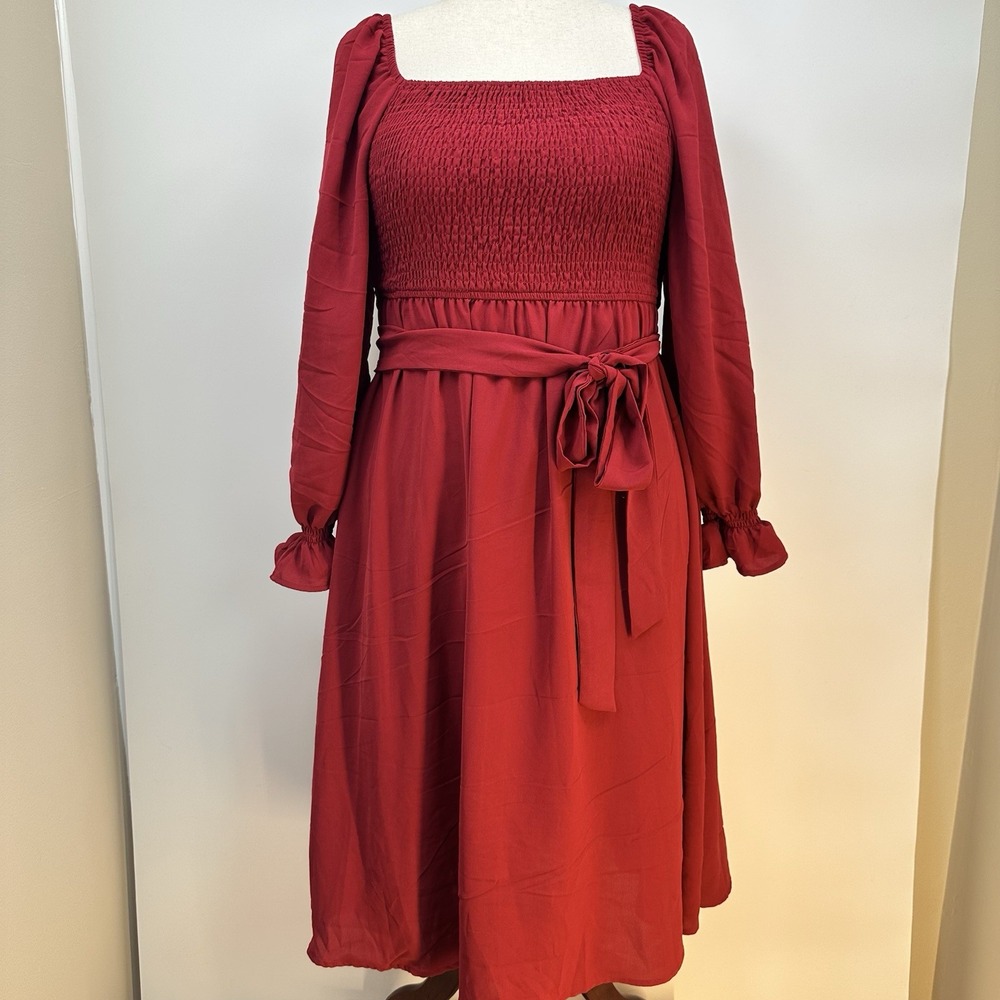 Womens Red Long Puffed Sleeve Smocked Boho Maxi Peasant Cottagecore Dress